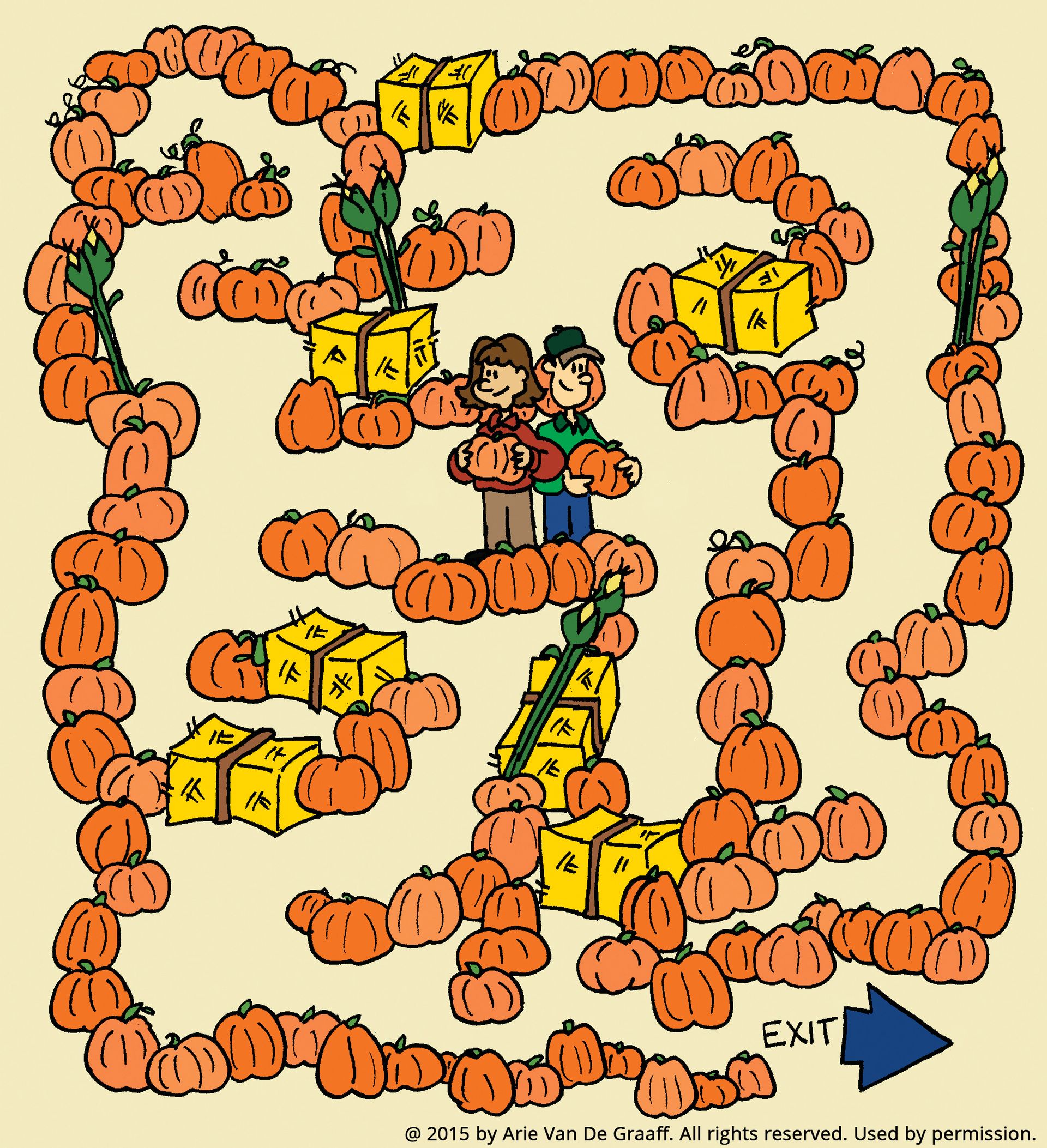 A pumpkin-patch maze starting with two people standing in the middle.