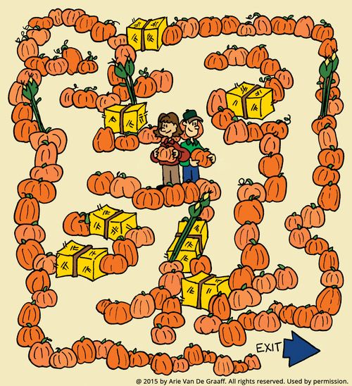 A pumpkin-patch maze with two people standing back to back in the middle, with the exit at the bottom of the page.