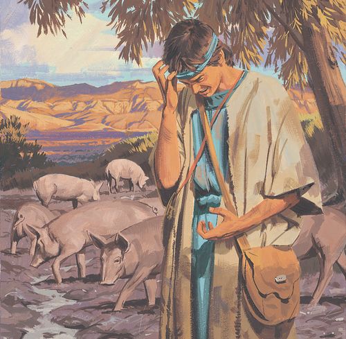 The son was so hungry he wanted to eat the pig's food - He decides to go home and be a servant to his father because the servants had enough to eat - ch.35-18