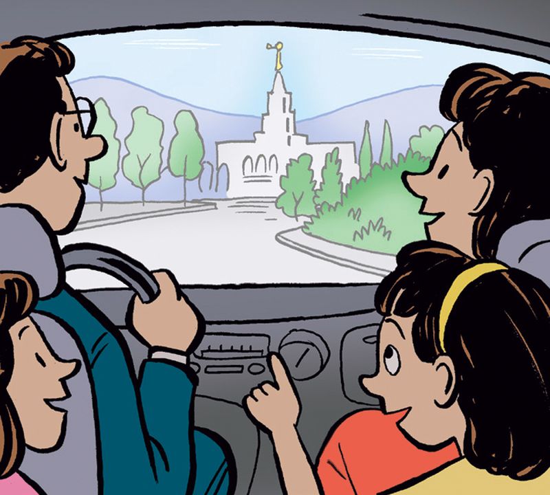 A family drives toward a temple.