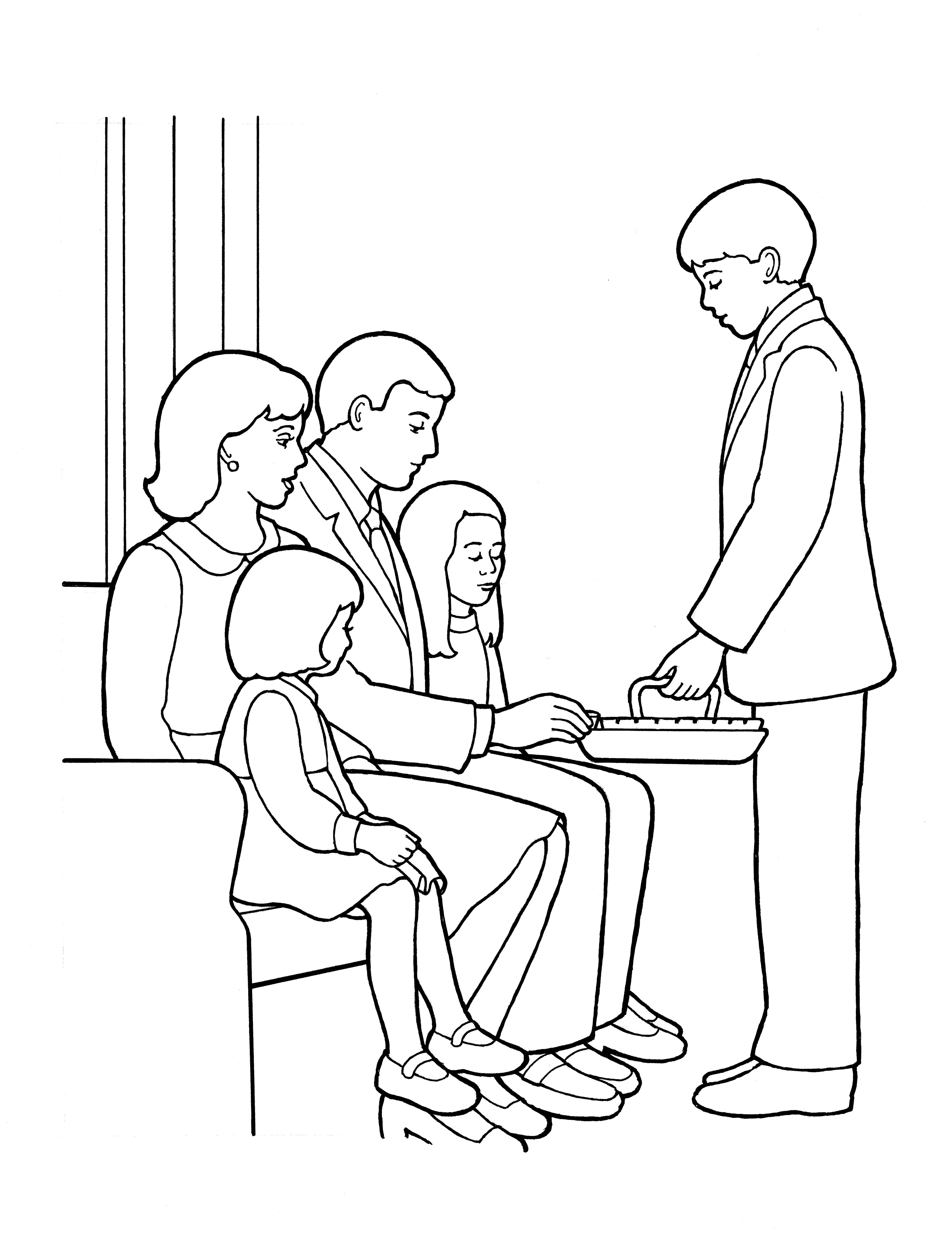 An illustration of a deacon passing the sacrament, from the nursery manual Behold Your Little Ones (2008), page 119.