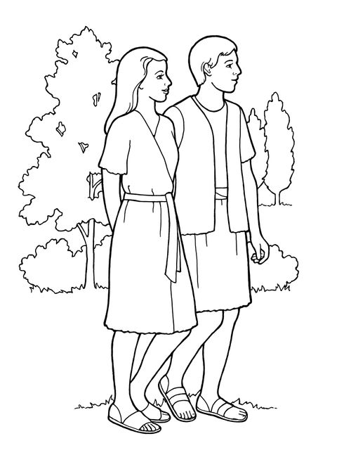 A black-and-white illustration of Adam and Eve in the Garden of Eden, with trees and bushes in the background.