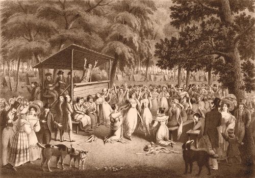 Lithograph depicting a revival or camp meeting