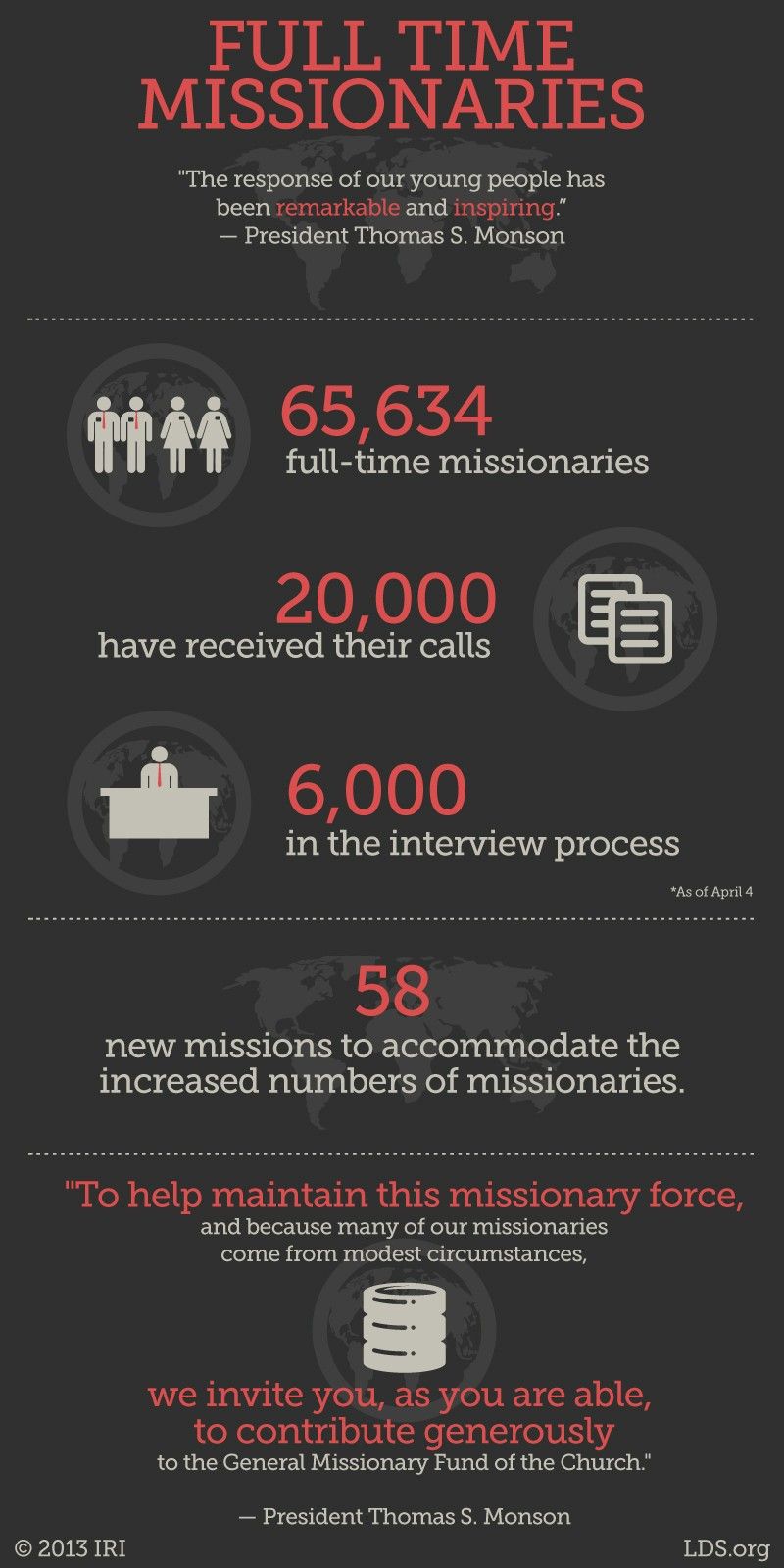 “The response of our young people has been remarkable and inspiring. As of April 4—two days ago—we have 65,634 full-time missionaries serving, with over 20,000 more who have received their calls but who have not yet entered a missionary training center and over 6,000 more in the interview process with their bishops and stake presidents. It has been made necessary for us to create 58 new missions to accommodate the increased number of missionaries. To help maintain this missionary force, and because many of our missionaries come from modest circumstances, we invite you, as you are able, to contribute generously to the General Missionary Fund of the Church.”—President Thomas S. Monson, “Welcome to Conference”