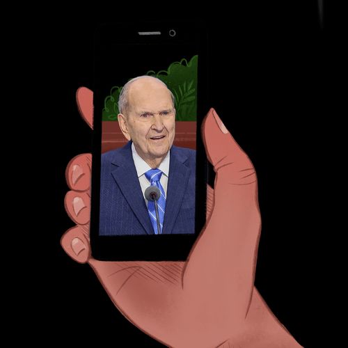 President Russell M. Nelson på en mobilskjerm.