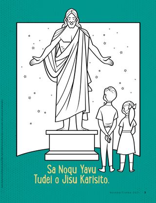 coloring page of two children looking at statue of Jesus