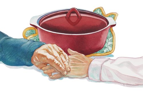 illustration of casserole dish with hands clasping in front of it