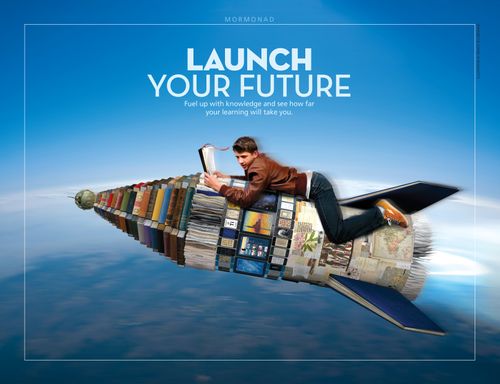 A conceptual photograph of a young man reading scriptures while riding a rocket made of books, paired with the words “Launch Your Future.”