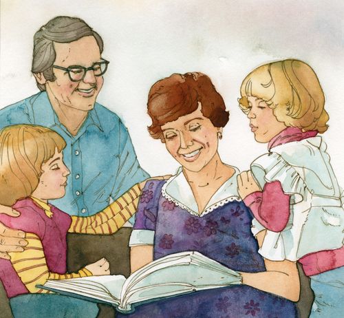 mother reading to family