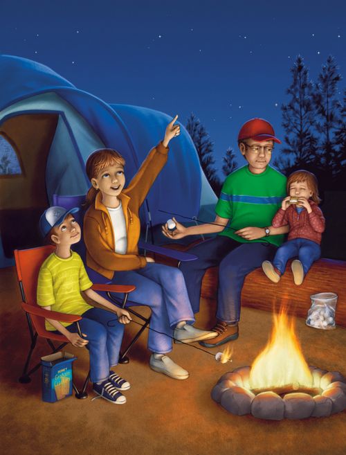 An illustration of a mother and father sitting around a campfire with their two children, with a tent set up in the background and stars overhead.