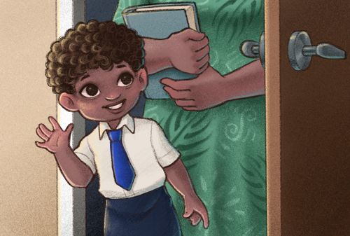 boy waving inside Primary room