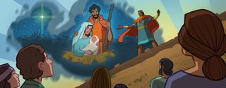 Samuel stands on the city wall and talks, and an image is next to him of Jesus as a baby, Mary, and Joseph