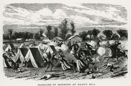 Artist’s depiction of the massacre at Hawn’s Mill