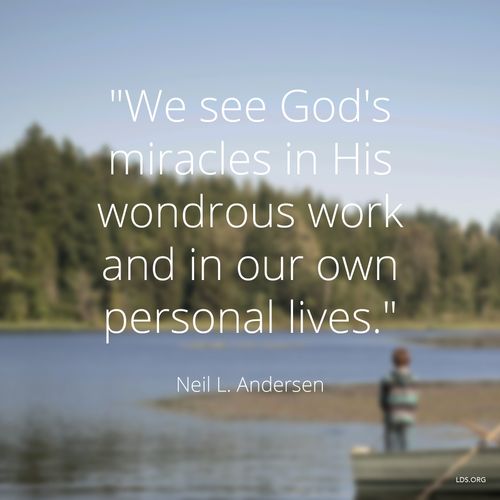 An image of a young boy in a fishing boat, with a text overlay quoting Elder Neil L. Andersen: “We see God’s miracles in His wondrous work.”