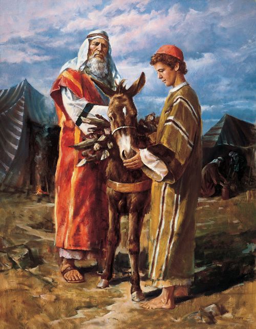 A painting by Del Parson showing Abraham and his son Isaac walking with a pack animal that is loaded with wood.