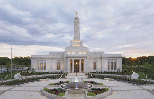 Indianapolis Indiana Temple exterior at sunset.
