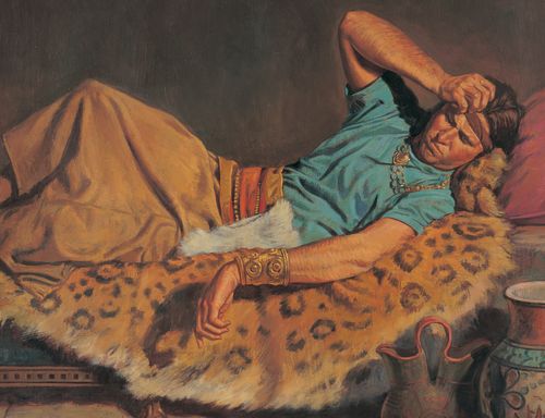 Book of Mormon prophet Alma the Younger depicted lying on a bed. He is just waking up from being struck dumb and repenting of his sins. Alma has his hand against his head.