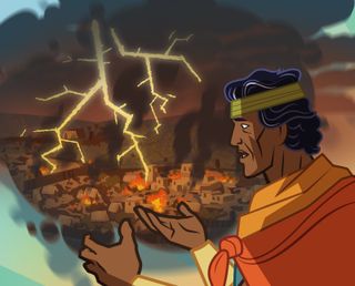 Samuel talks, and an image is next to him of a city on fire with lightning striking it 