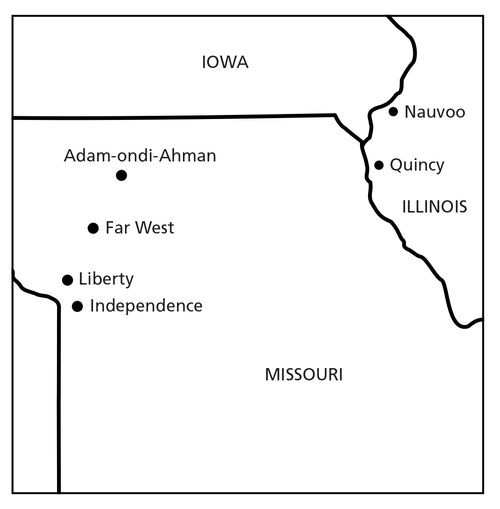 et kort over kirkehistoriske steder i Missouri og Illinois