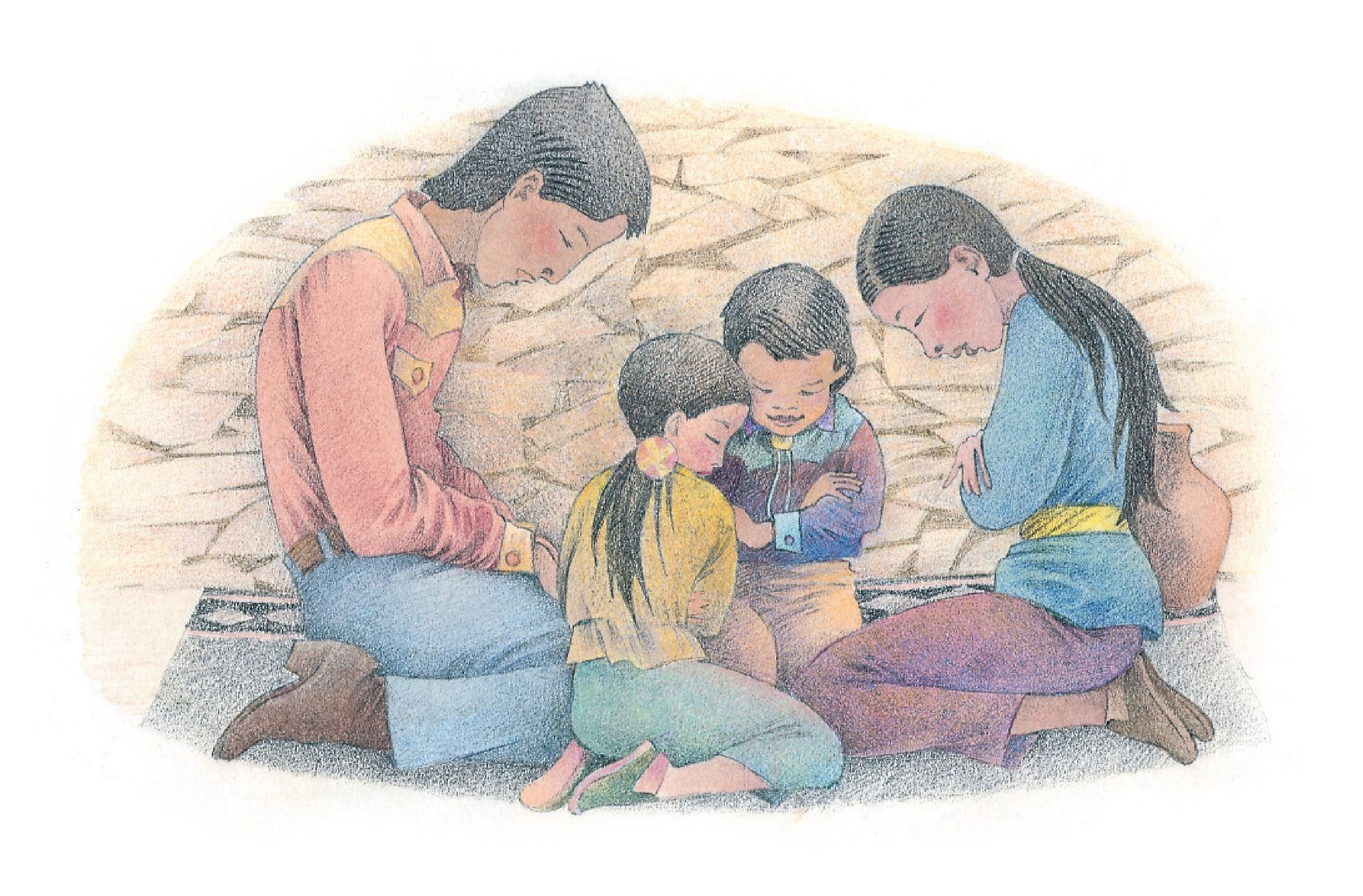A family of four kneeling together for family prayer. From the Children’s Songbook, page 189, “Family Prayer”; watercolor illustration by Richard Hull.