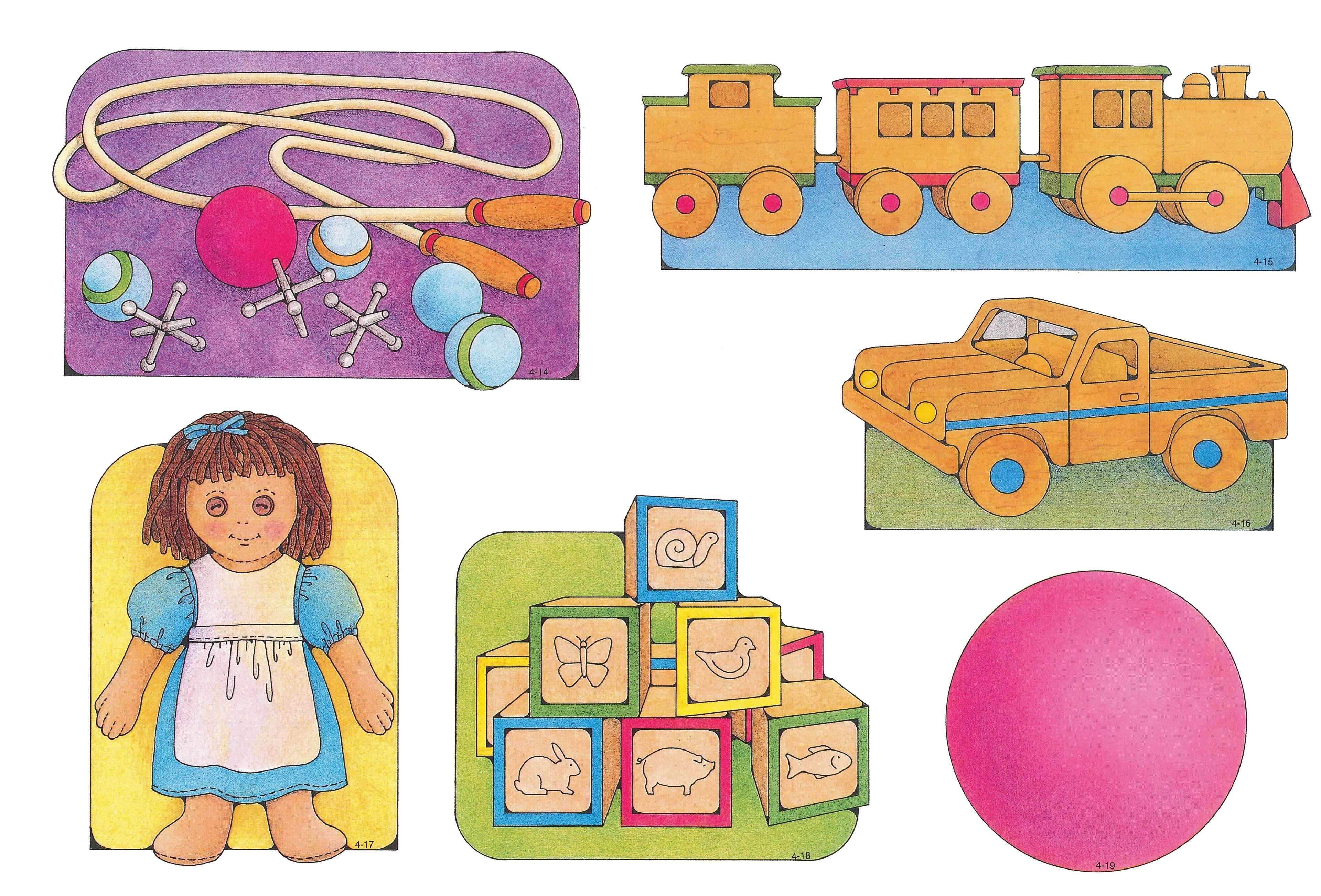 Primary Visual Aids: Cutouts 4-14, Jump Rope, Marbles, Ball, and Jacks; 4-15, Wooden Train; 4-16, Wooden Truck; 4-17, Rag Doll; 4-18, Blocks; 4-19, Ball.