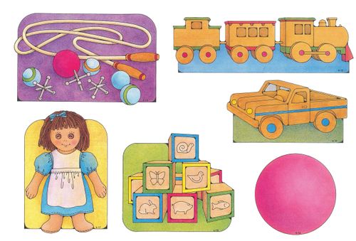 Primary cutouts of a jump rope with marbles, a ball, and jacks; a wooden train; a wooden truck; a rag doll; wooden blocks; and a pink ball.