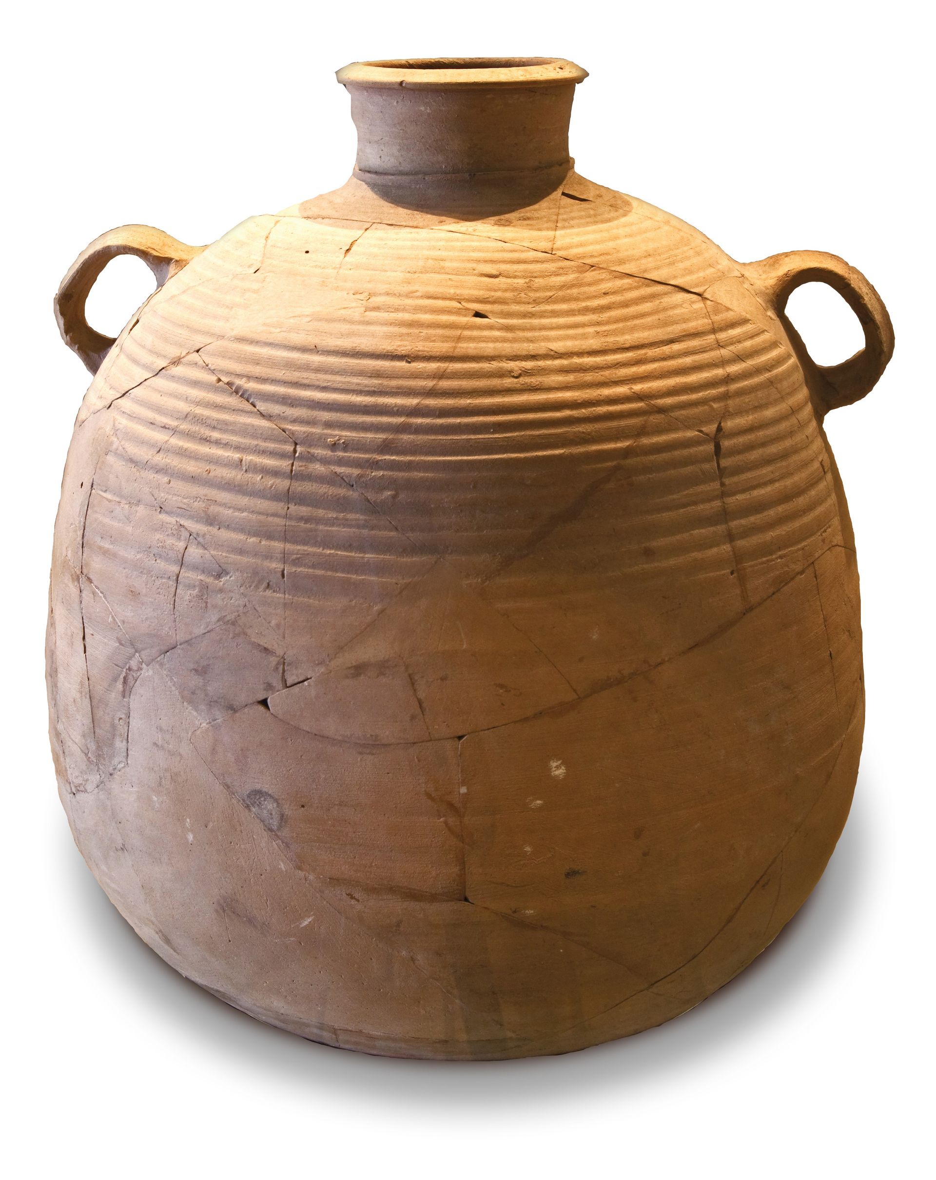 A two-handled clay pot with a narrow opening.