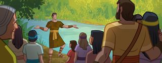 a prophet named Nephi talks to people next to a stream