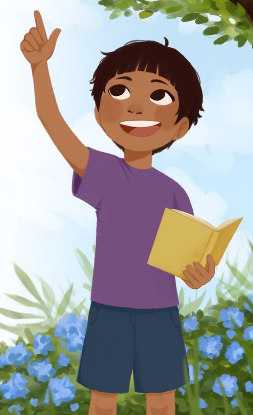 A young boy smiles as he looks up at a bird that is in a tree. He is holding a book about birds.