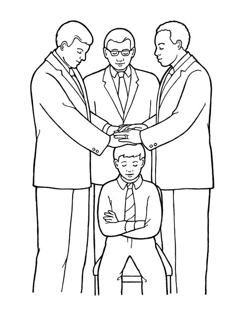 Three men stand in a circle to ordain a young boy (with folded arms) to the priesthood through the laying on of hands.