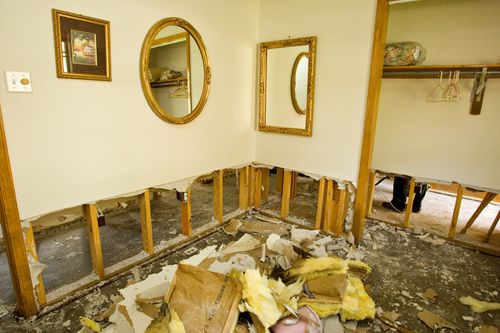 The damaged interior of a home.
Aftermath of Hurricane Katrina in Louisiana, 2005.