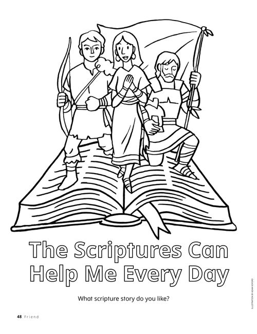 Coloring page showing Book of Mormon figures standing on top of an open book