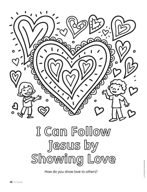 Coloring page PDF with images of children and hearts