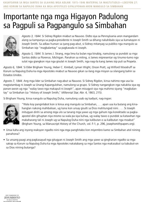 Handout: Importante nga mga Higayon Padulong sa Pagpuli sa Pagpangulo sa Simbahan