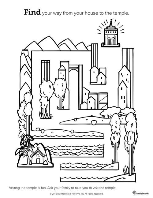 A black-and-white drawing of a house in one corner and a maze of water, trees, and houses leading to a temple in another corner.