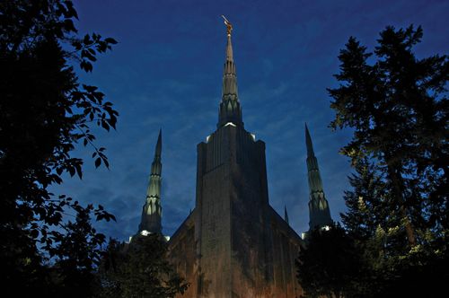 Several of the spires on the Portland Oregon Temple lit up in the evening, seen rising above the trees that grow near the temple.