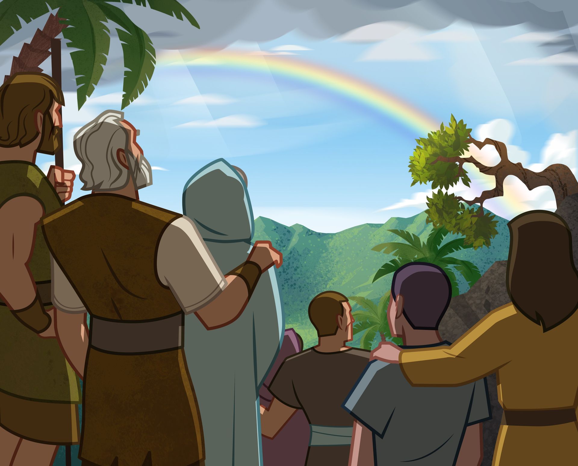 Illustration of people looking at rainbow. Genesis 9:13–17; Jeremiah 11:4–5; Hebrews 11:1–35