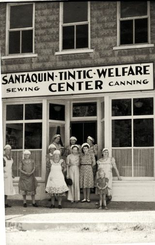 Relief Society sisters at a sewing and canning center