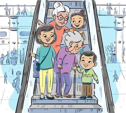 Mom and kids helping the old ladies on the escalator