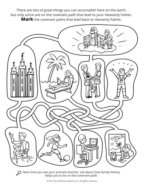 Line drawings of a maze with people doing activities, the Salt Lake Temple and Heavenly Father at the top with other children.