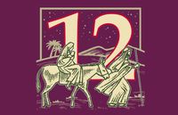 numeral 12 with Joseph, Mary, and Jesus traveling