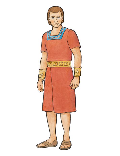 Alma, a character from the Book of Mormon, dressed in a red tunic and sandals.