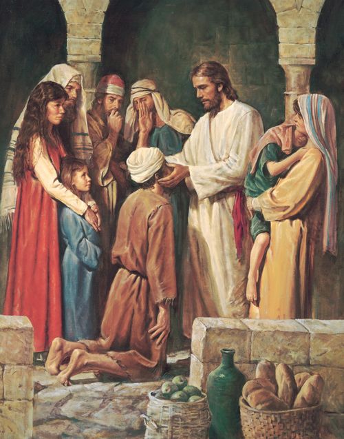 Christ rubbing clay into the eyes of a blind man who is kneeling before Him while a group of people look on to see what will happen.