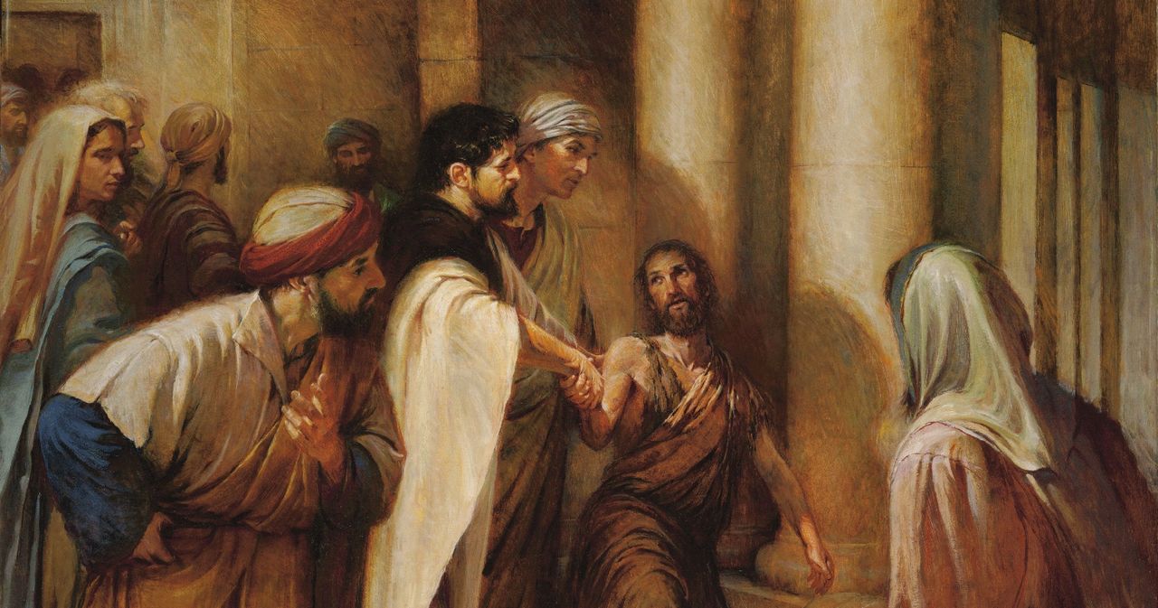 The Apostles Peter and John healing a lame man at the temple. The event took place after the resurrection of Jesus Christ.