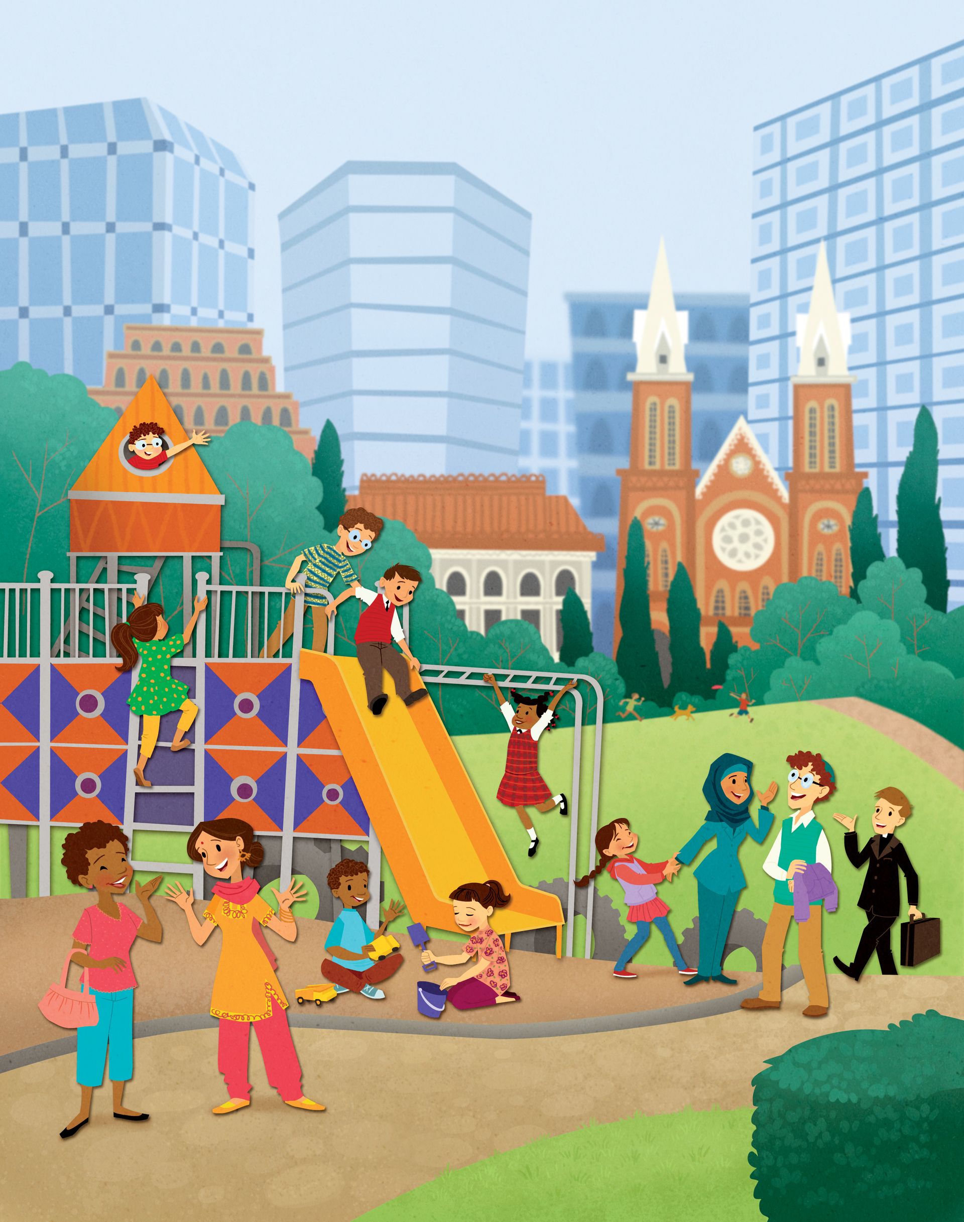 A group of children play at a playground in a big city.