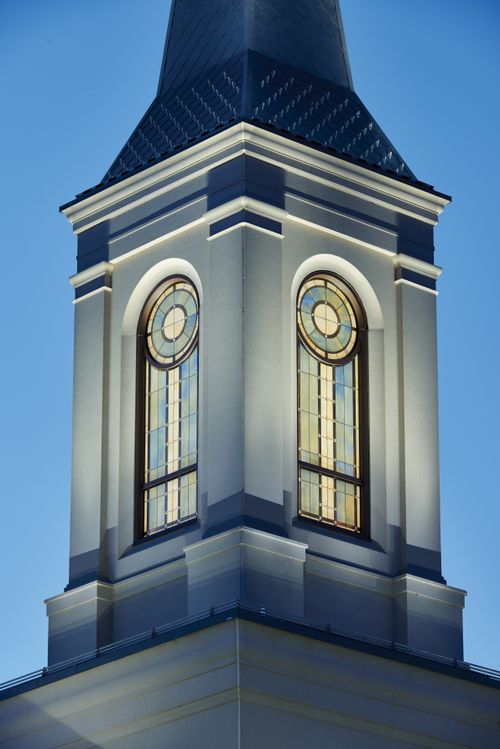 An image of the steeple on the Star Valley Wyoming Temple.