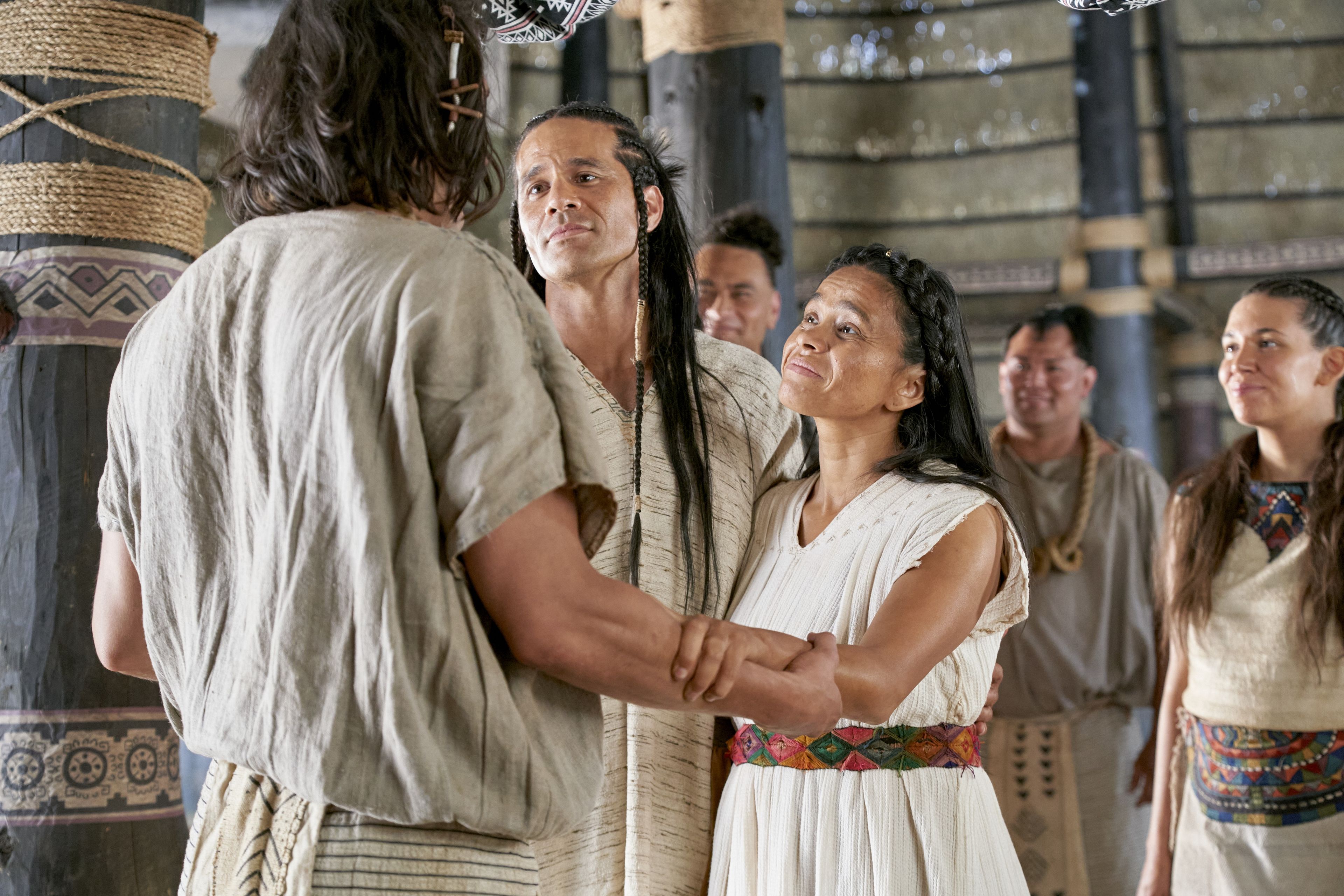 King Lamoni and his wife greet Ammon, son of Mosiah, after having been converted in the land of Ishmael.