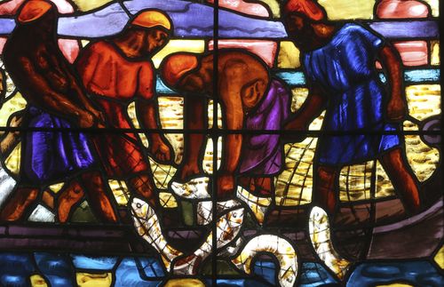 stained-glass window of fishermen