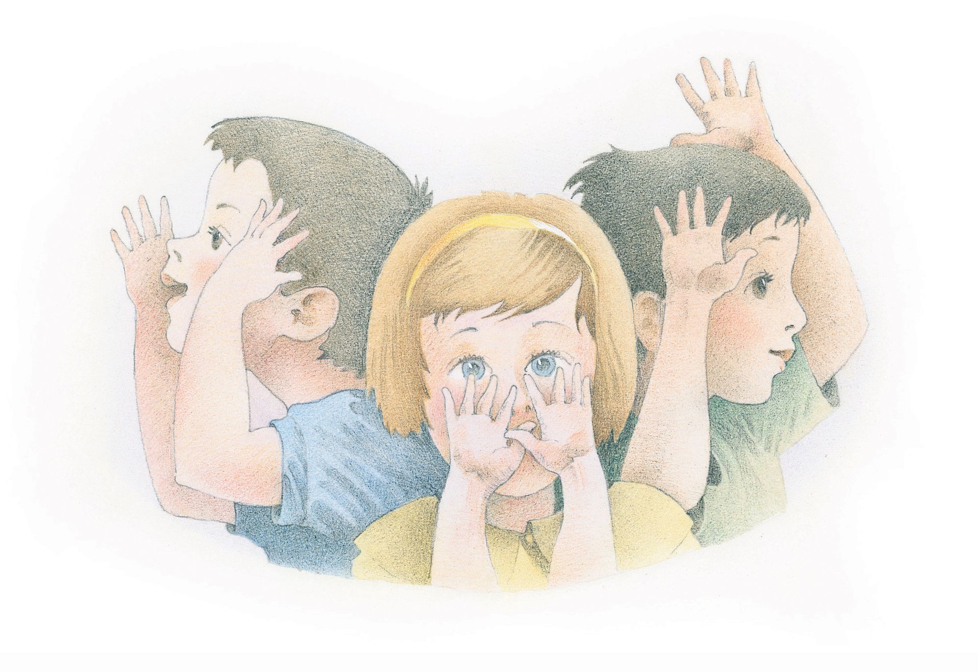 Three children singing and doing hand motions. From the Children’s Songbook, page 273, “My Hands”; watercolor illustration by Richard Hull.