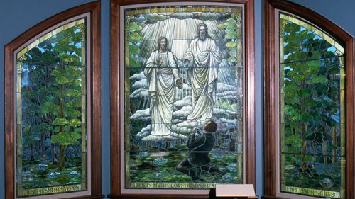 stained glass image of Heavenly Father and Jesus Christ